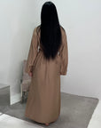 Zaneta Camel Linen Side Button Detail Modest Dress