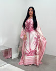 Naomi Pink Printed Palm Floral Modest Kaftan with Inner Tie