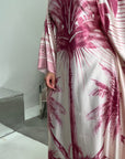 Naomi Pink Printed Palm Floral Modest Kaftan with Inner Tie