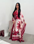 Naomi Wine Printed Palm Floral Modest Kaftan with Inner Tie