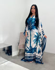 Naomi Navy Printed Palm Floral Modest Kaftan with Inner Tie