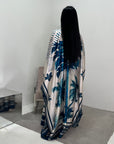 Naomi Navy Printed Palm Floral Modest Kaftan with Inner Tie