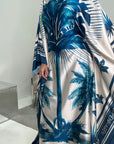 Naomi Navy Printed Palm Floral Modest Kaftan with Inner Tie