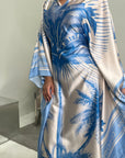Naomi Sky Blue Printed Palm Floral Modest Kaftan with Inner Tie