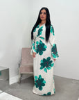 Reika Emerald Green Linen Floral Front Knot Modest Dress