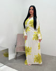 Reika Lime Green Linen Floral Front Knot Modest Dress