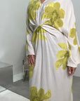 Reika Lime Green Linen Floral Front Knot Modest Dress