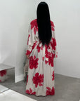 Reika Wine Linen Floral Front Knot Modest Dress