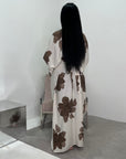 Reika Chocolate Linen Floral Front Knot Modest Dress