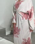 Reika Pink Linen Floral Front Knot Modest Dress