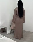 Atia Mocha Linen Gold Buckle Tie Back Modest Dress