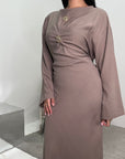 Atia Mocha Linen Gold Buckle Tie Back Modest Dress