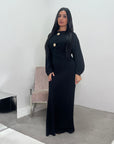 Atia Black Linen Gold Buckle Tie Back Modest Dress