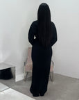 Atia Black Linen Gold Buckle Tie Back Modest Dress