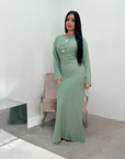 Atia Sage Green Linen Gold Buckle Tie Back Modest Dress