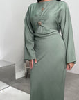 Atia Sage Green Linen Gold Buckle Tie Back Modest Dress