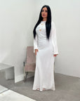 Atia White Linen Gold Buckle Tie Back Modest Dress