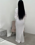 Atia White Linen Gold Buckle Tie Back Modest Dress