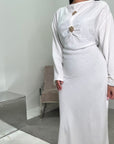 Atia White Linen Gold Buckle Tie Back Modest Dress