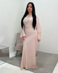 Atia Beige Linen Gold Buckle Tie Back Modest Dress