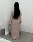 Atia Beige Linen Gold Buckle Tie Back Modest Dress