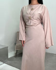 Atia Beige Linen Gold Buckle Tie Back Modest Dress