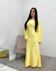 Aqsa Yellow Premium Tie Back Satin Quality Dress