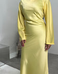 Aqsa Yellow Premium Tie Back Satin Quality Dress