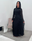 Eiman Black Summer Tie Back Long Sleeve Mesh With Lining Modest Dress