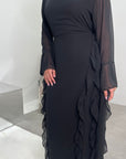 Eiman Black Summer Tie Back Long Sleeve Mesh With Lining Modest Dress