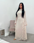 Eiman Beige Summer Tie Back Long Sleeve Mesh With Lining Modest Dress