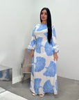 Kaleen Sky Blue Floral Tie Back Modest Dress with Elasticated Cuff Sleeves