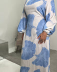 Kaleen Sky Blue Floral Tie Back Modest Dress with Elasticated Cuff Sleeves