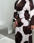 Kaleen Brown Floral Tie Back Modest Dress with Elasticated Cuff Sleeves