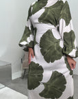Kaleen Khaki Floral Tie Back Modest Dress with Elasticated Cuff Sleeves