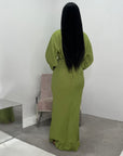 Atia Lime Green Linen Gold Buckle Tie Back Modest Dress