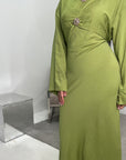 Atia Lime Green Linen Gold Buckle Tie Back Modest Dress