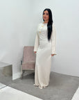 Atia Cream Linen Gold Buckle Tie Back Modest Dress