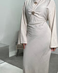 Atia Cream Linen Gold Buckle Tie Back Modest Dress