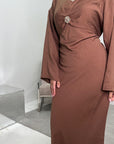 Atia Chocolate Linen Gold Buckle Tie Back Modest Dress