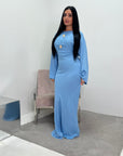 Atia Sky Blue Linen Gold Buckle Tie Back Modest Dress