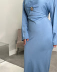 Atia Sky Blue Linen Gold Buckle Tie Back Modest Dress