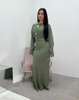 Atia Khaki Linen Gold Buckle Tie Back Modest Dress