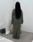Atia Khaki Linen Gold Buckle Tie Back Modest Dress