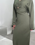 Atia Khaki Linen Gold Buckle Tie Back Modest Dress