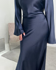Aqsa Navy Premium Tie Back Satin Quality Dress