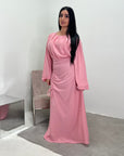 Ayma Pink Ladies Modest Summer Linen Tie Back Plain Dress