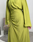 Ayma Lime Green Ladies Modest Summer Linen Tie Back Plain Dress