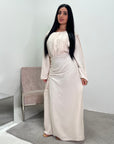 Ayma Cream Ladies Modest Summer Linen Tie Back Plain Dress
