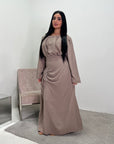 Ayma Mocha Ladies Modest Summer Linen Tie Back Plain Dress